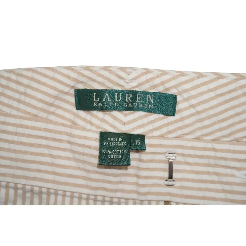 Ralph Lauren Seersucker Wide Leg Pants Women 16 Beige White Stripe Cotton